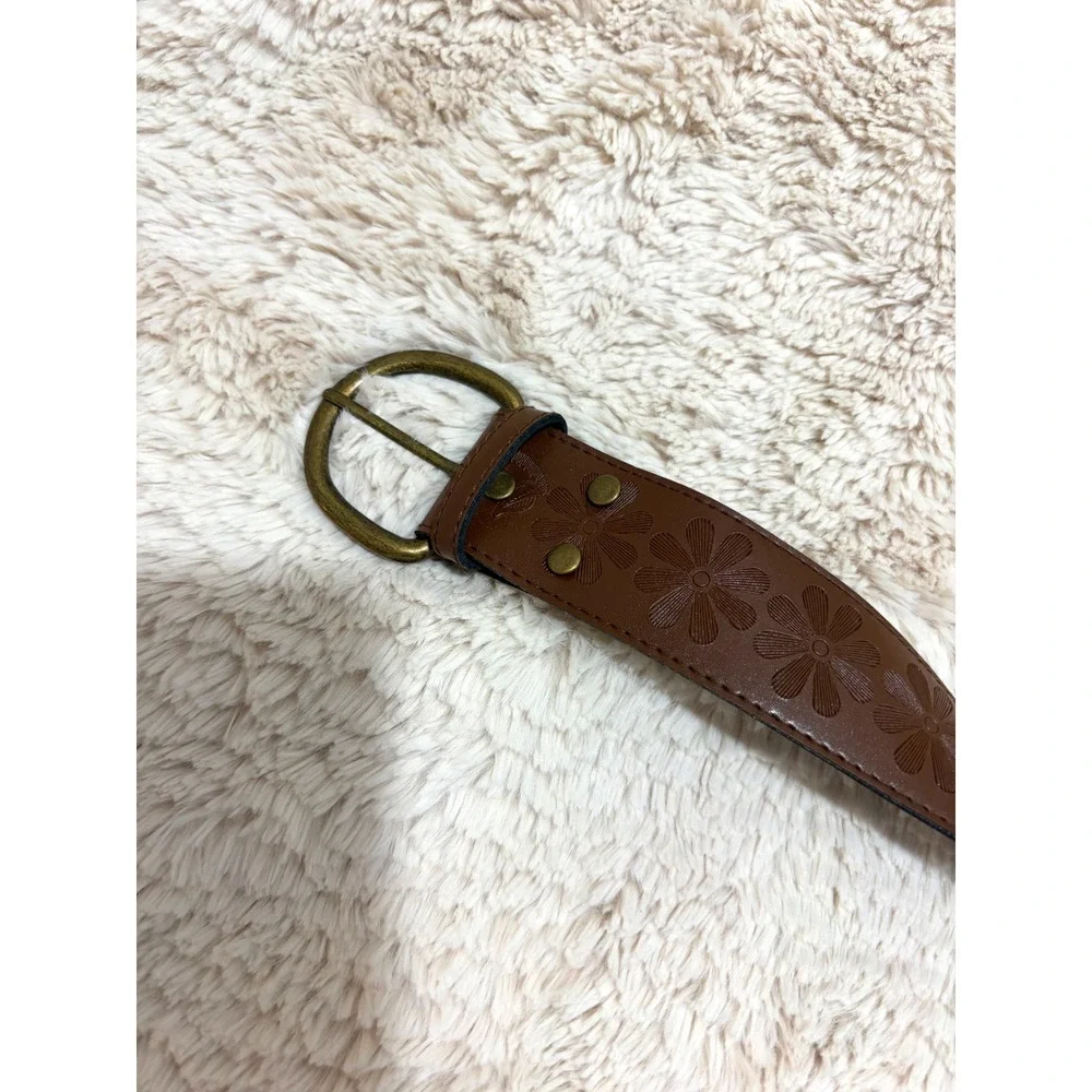 Women Brown Floral Embossed Rhinestone Belt Western Boho Antique Brass Buckle